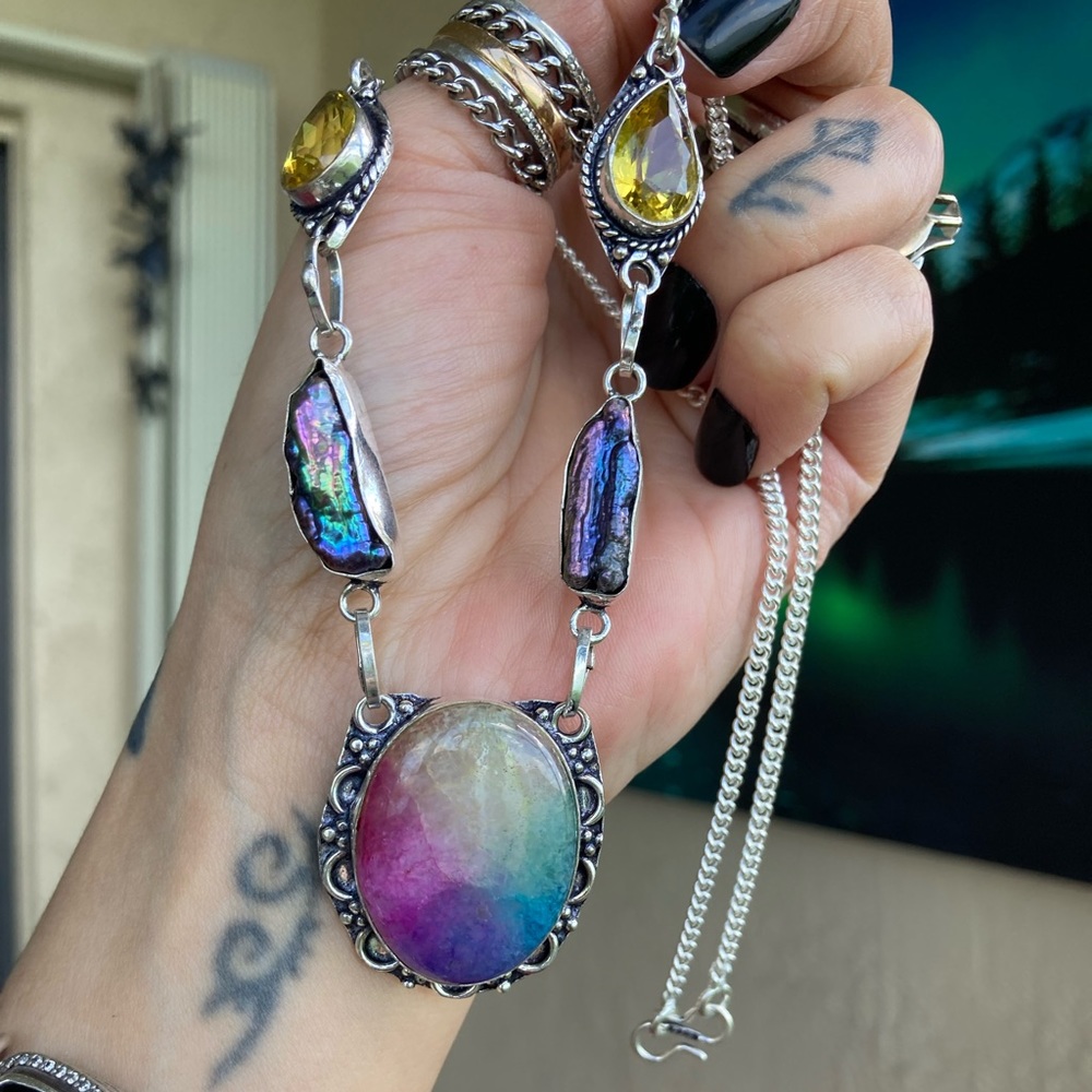 925 sterling silver overlay citrine black pearl Rainbow solar quartz necklace - Picture 14 of 15